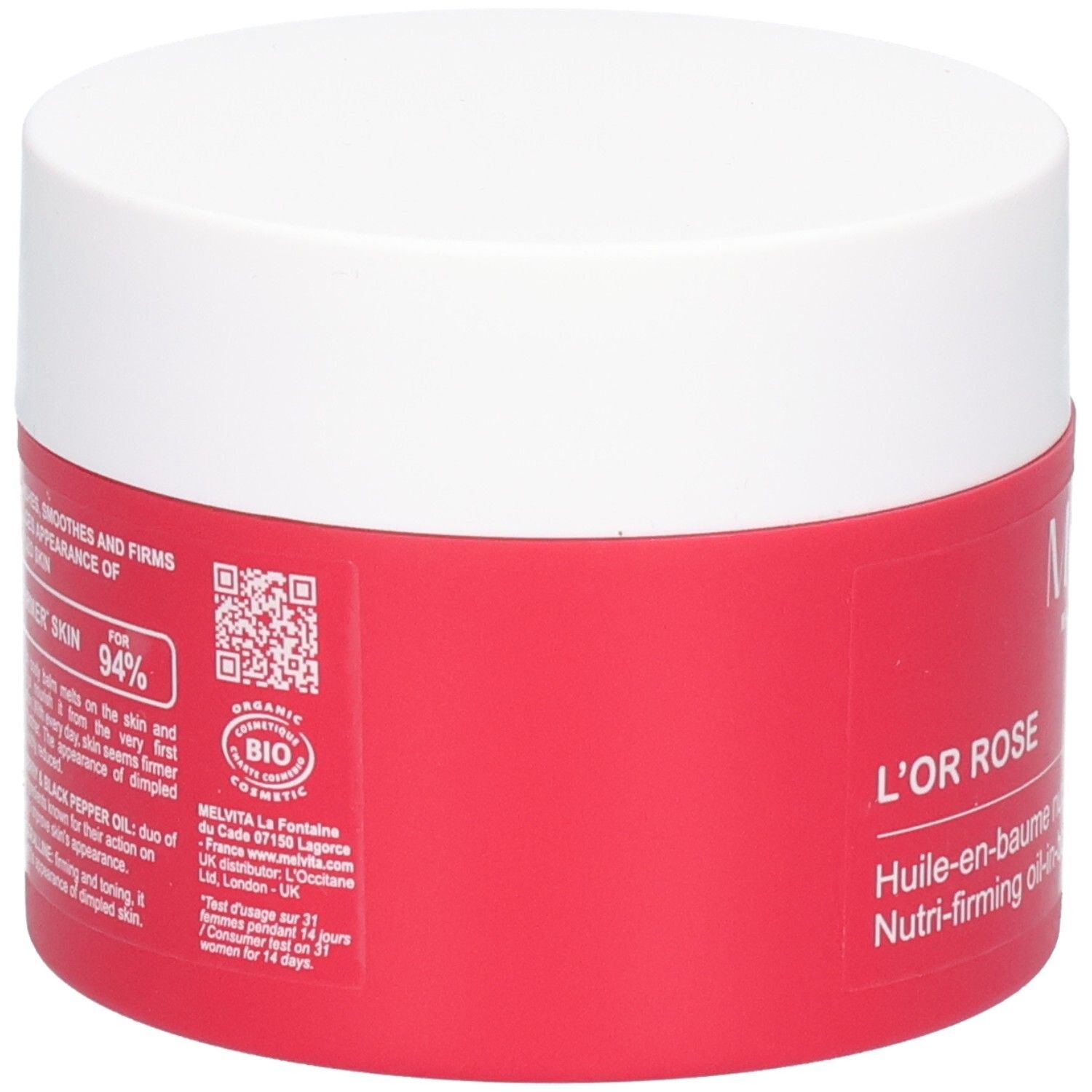 Achterkant van de Melvita L'Or Rose balm pot met Bio-keurmerk en productinformatie.