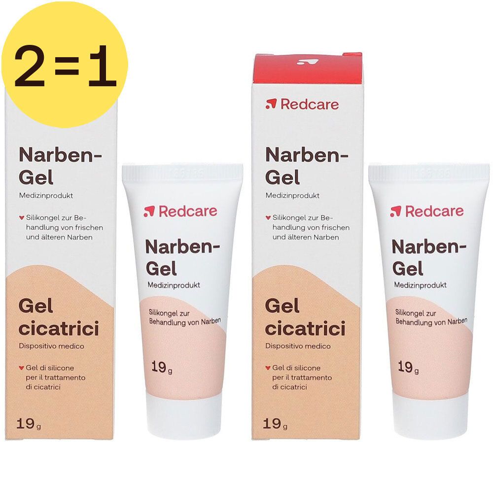 Twee verpakkingen en twee tubes littekengel. Opschrift: Redcare Narben-Gel, Gel cicatrici, 19g. Aanbieding: 2=1.