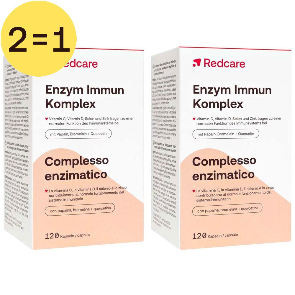 Twee verpakkingen Redcare Enzym Immun Complexe. Opschrift: "2=1 GRATIS". Bevat 120 capsules. Met papaïne, bromelaïne + quercetine.