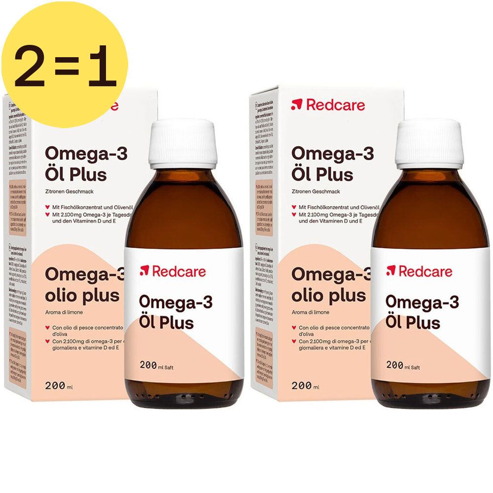 Deux flacons d'huile Oméga-3 Plus et deux boîtes. Inscription: Redcare, Omega-3 Öl Plus, 2=1 GRATUIT.