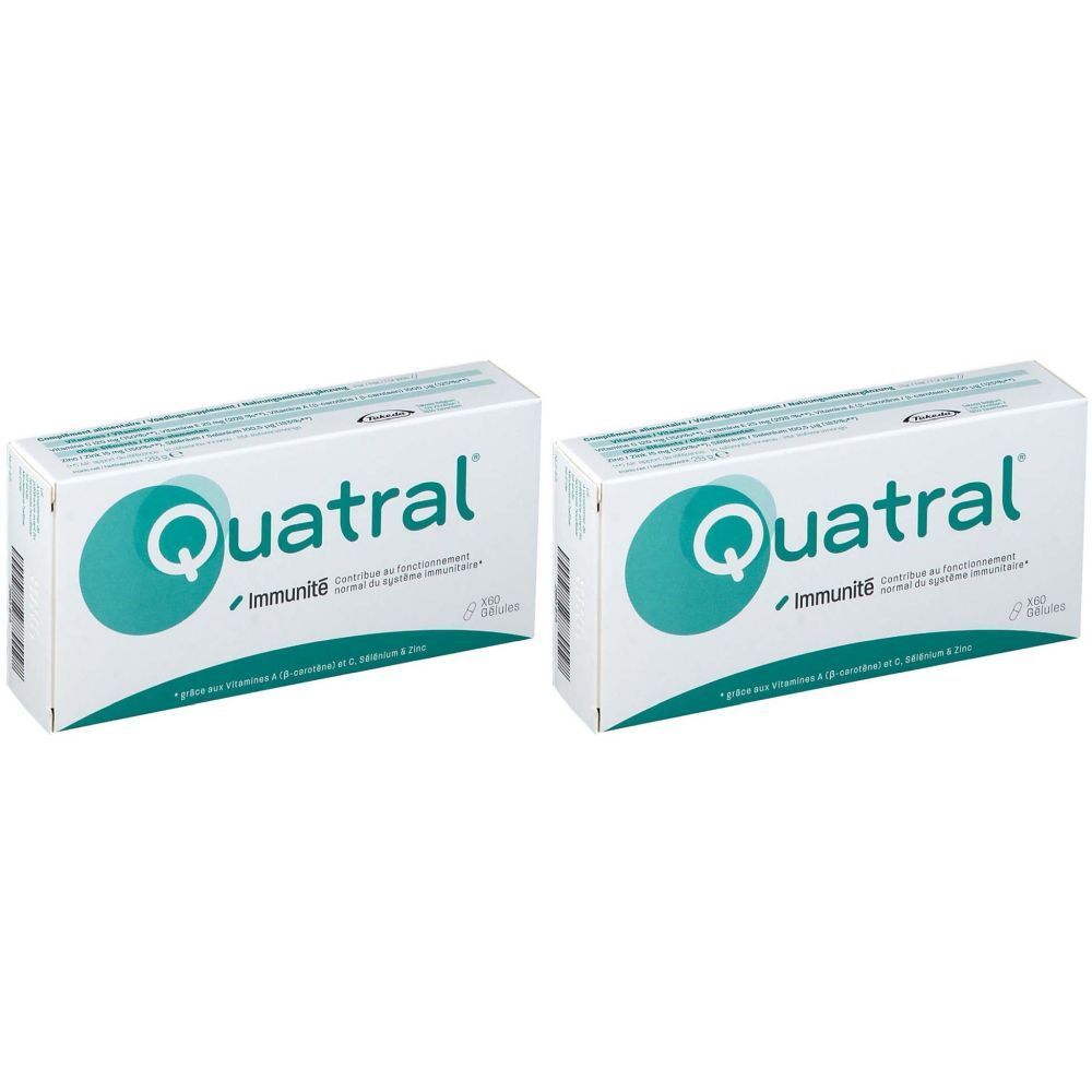 Twee witte dozen met "Quatral Immunité". Turquoise logo met "Q". Franse tekst. Dozen naast elkaar.