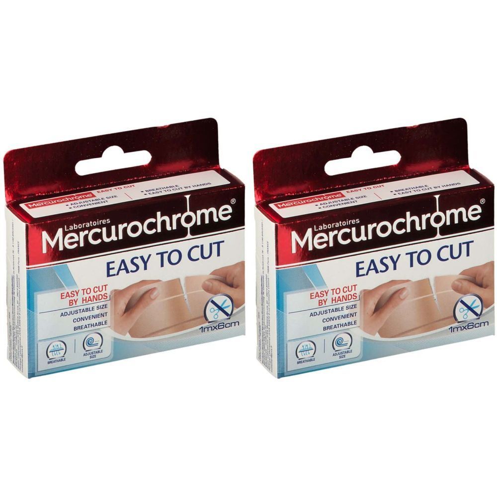 Twee dozen Mercurochrome, gemakkelijk te knippen. Opschrift: EASY TO CUT BY HANDS, 1 m x 6 cm. Verpakking met rode deksel.