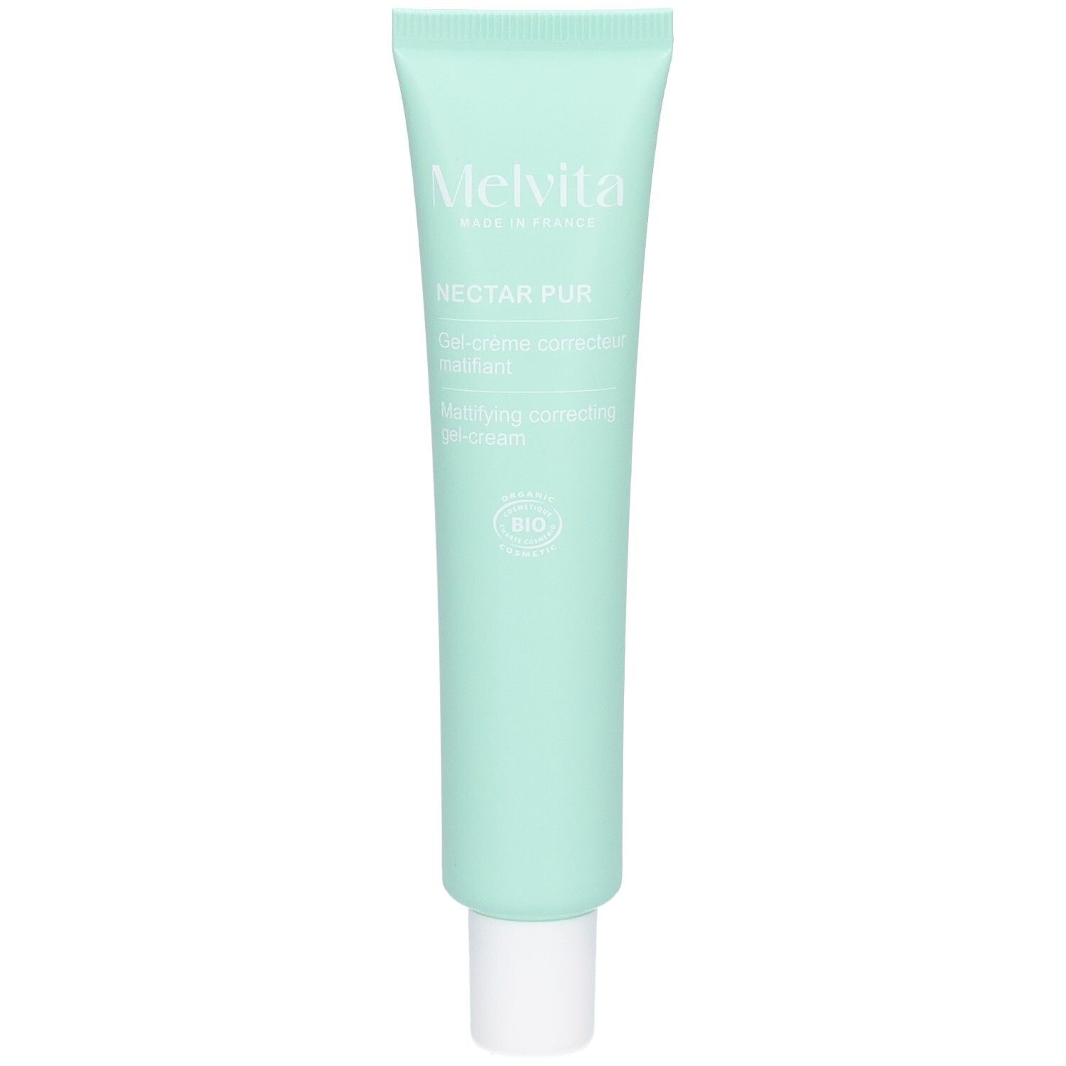 Melvita NECTAR PUR gel-crème matifiant dans un tube vert menthe avec bouchon blanc.