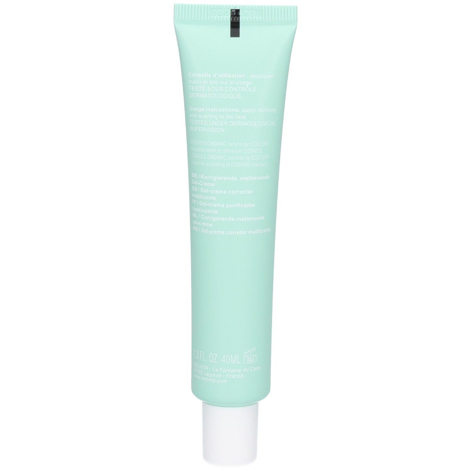 Arrière du tube Melvita NECTAR PUR gel-crème matifiant avec informations produit.