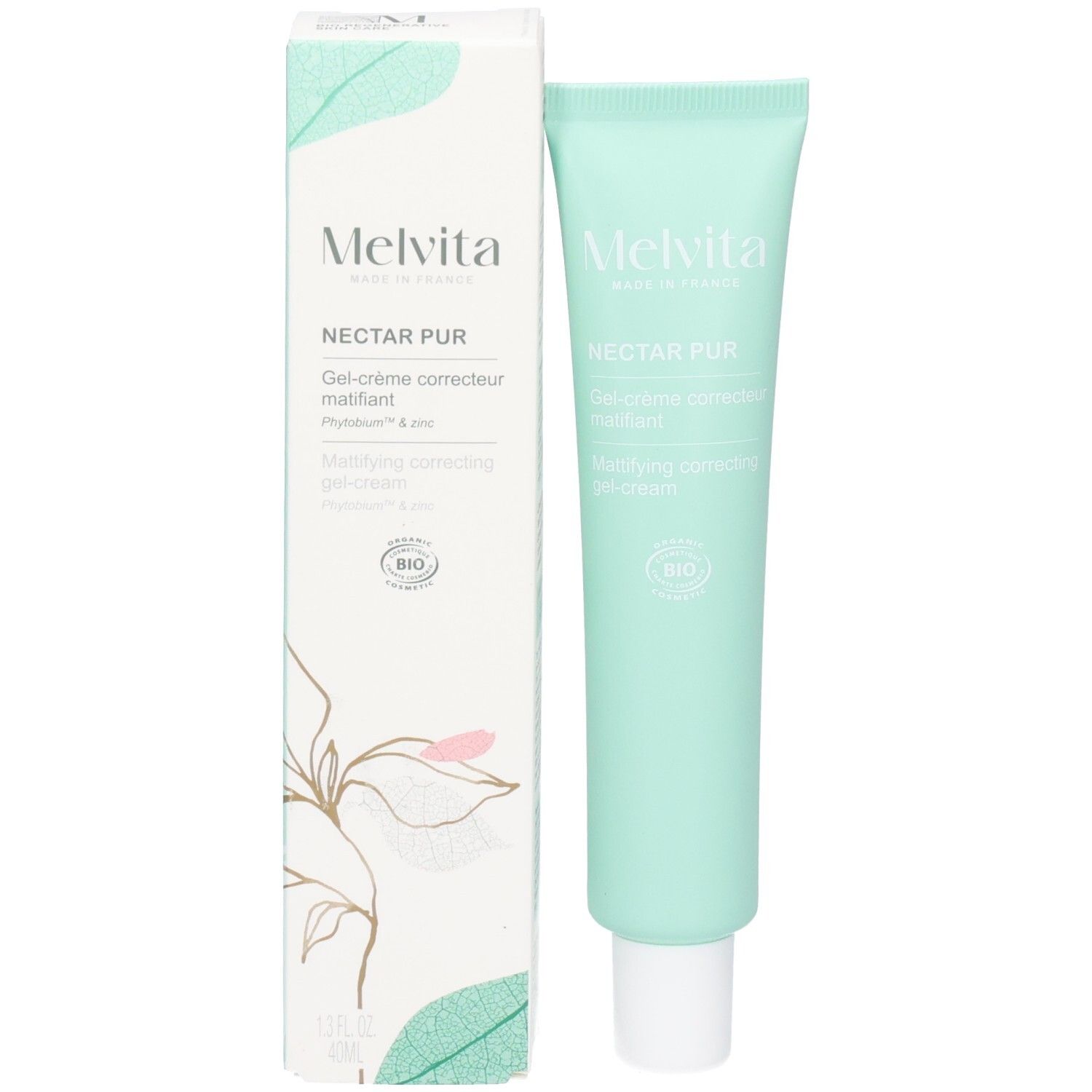 Melvita NECTAR PUR gel-crème matifiant à côté de son emballage ouvert.