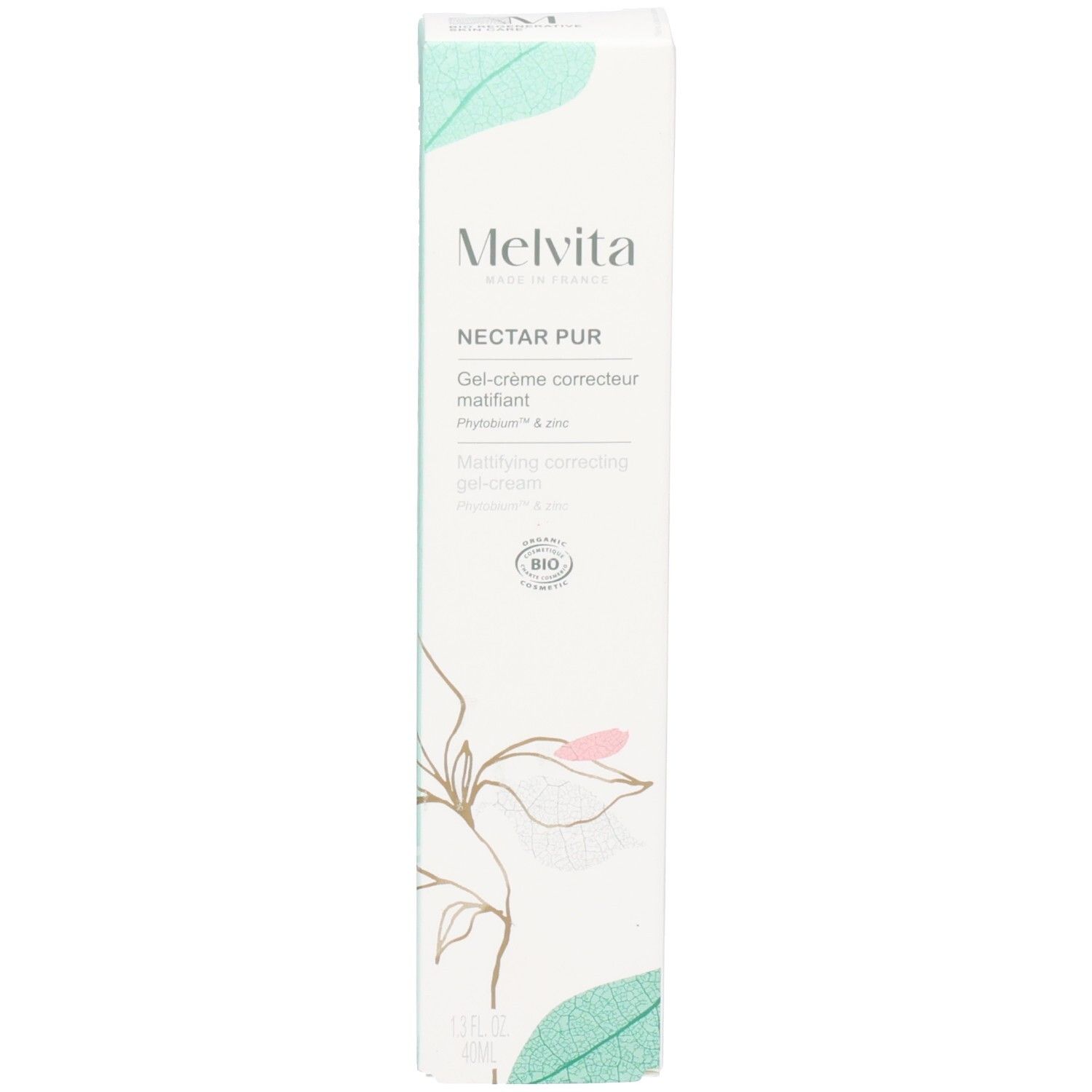 Emballage du Melvita NECTAR PUR gel-crème matifiant avec un design floral.