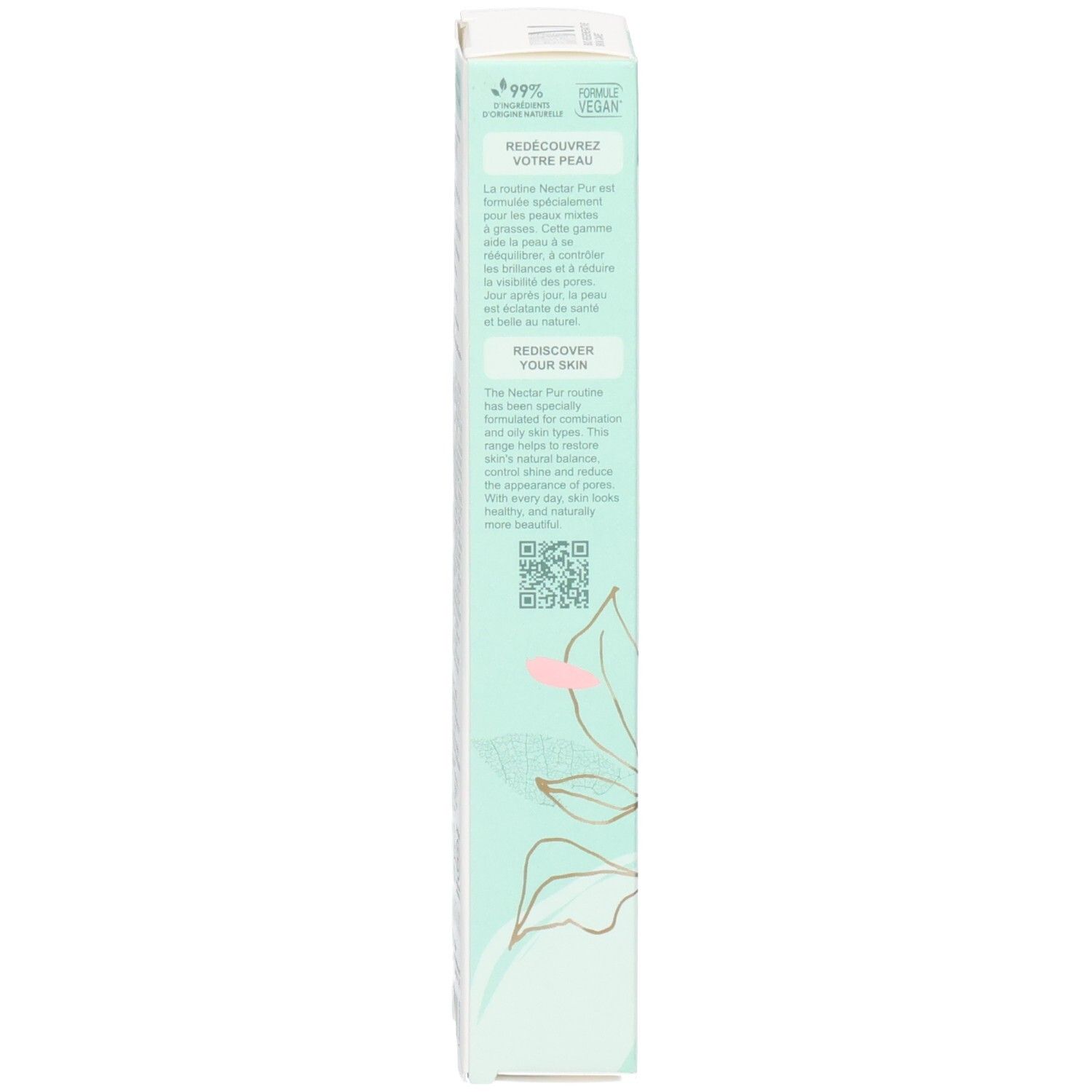 Côté de l'emballage Melvita NECTAR PUR avec sceaux et code QR.
