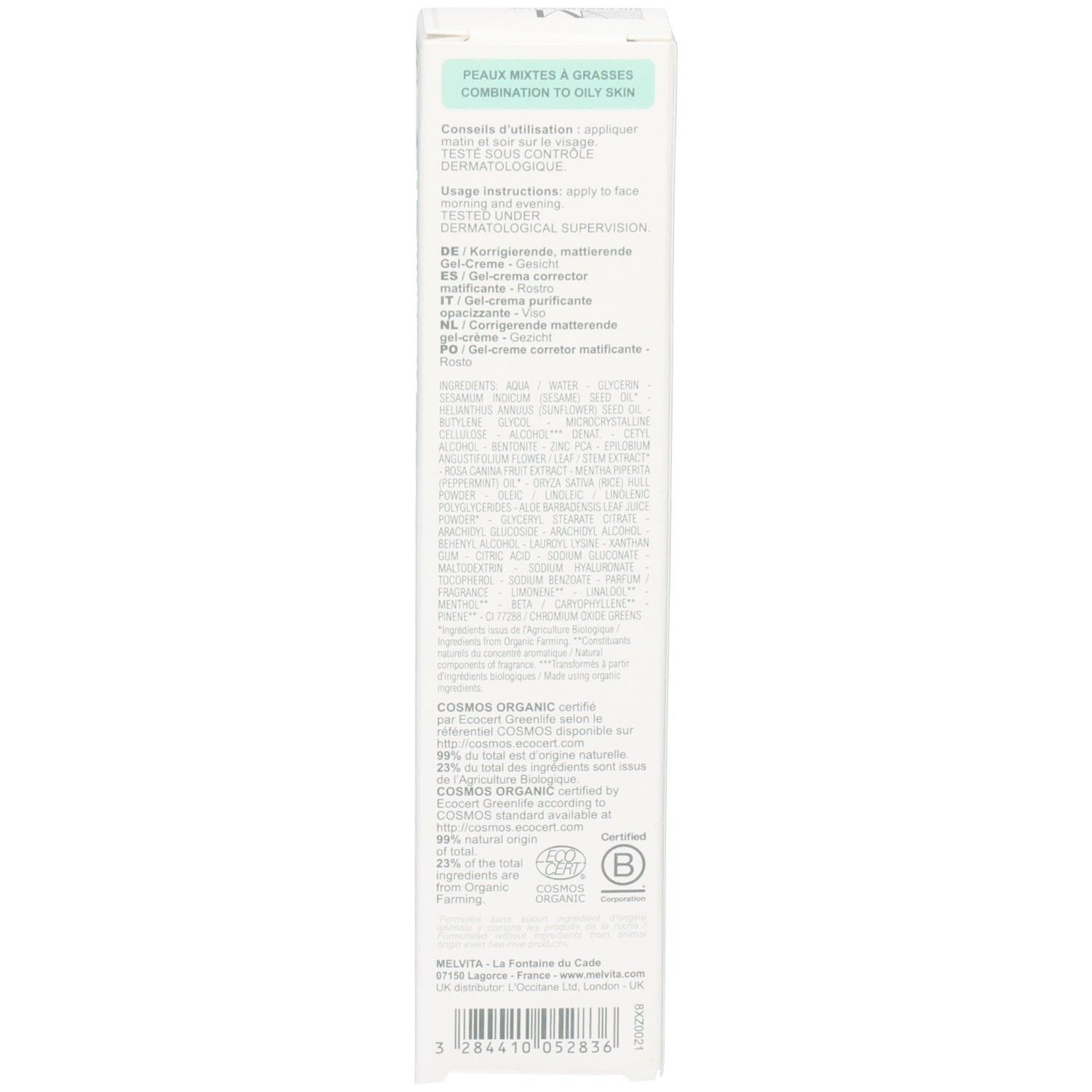 Arrière de l'emballage Melvita NECTAR PUR avec instructions et ingrédients.
