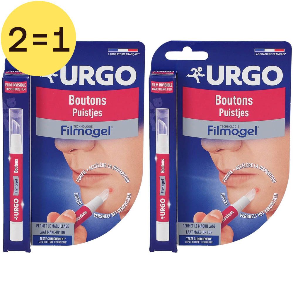Twee verpakkingen Urgo Filmogel® Boutons. Rode en blauwe verpakking met product en gezicht. Gele cirkel: 2=1.