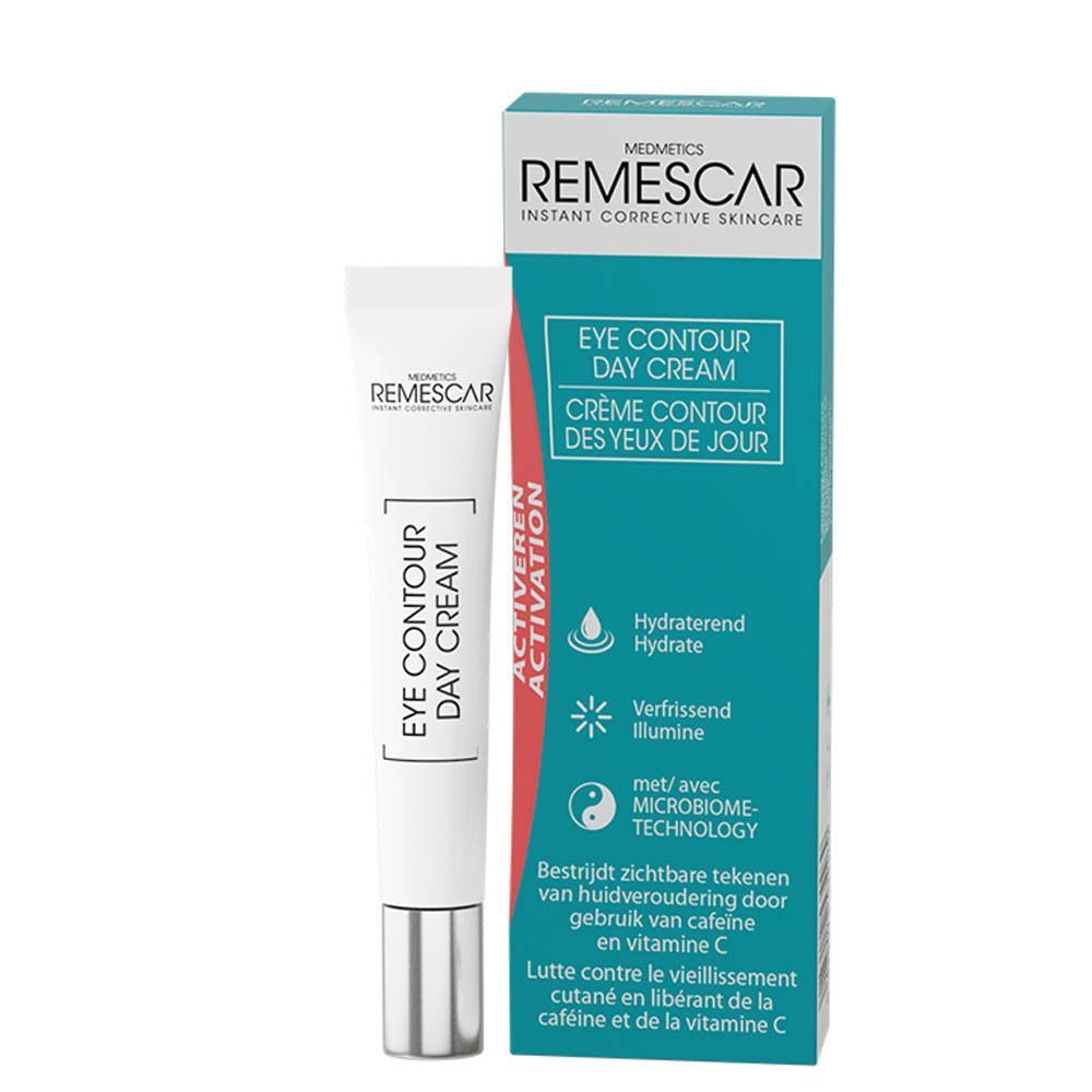 Een tube en een verpakking Remescar Eye Contour Day Cream. Op de verpakking: Eye Contour Day Cream, Crème Contour des Yeux de Jour.