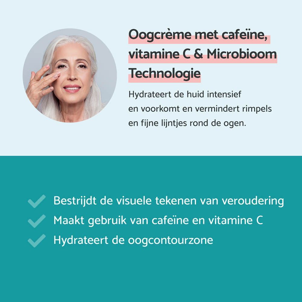 Een vrouw raakt haar oogcontour aan. Tekst: Oogcrème met cafeïne, vitamine C & Microbioom Technologie. Bestrijdt de visuele tekenen van veroudering.