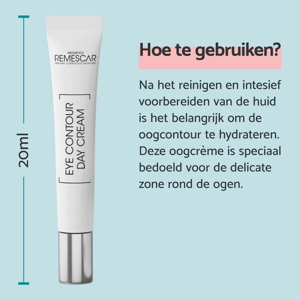 Een tube oogcontour dagcrème. Op de tube staat "Remescar Eye Contour Day Cream". Gedrukt: 20ml.