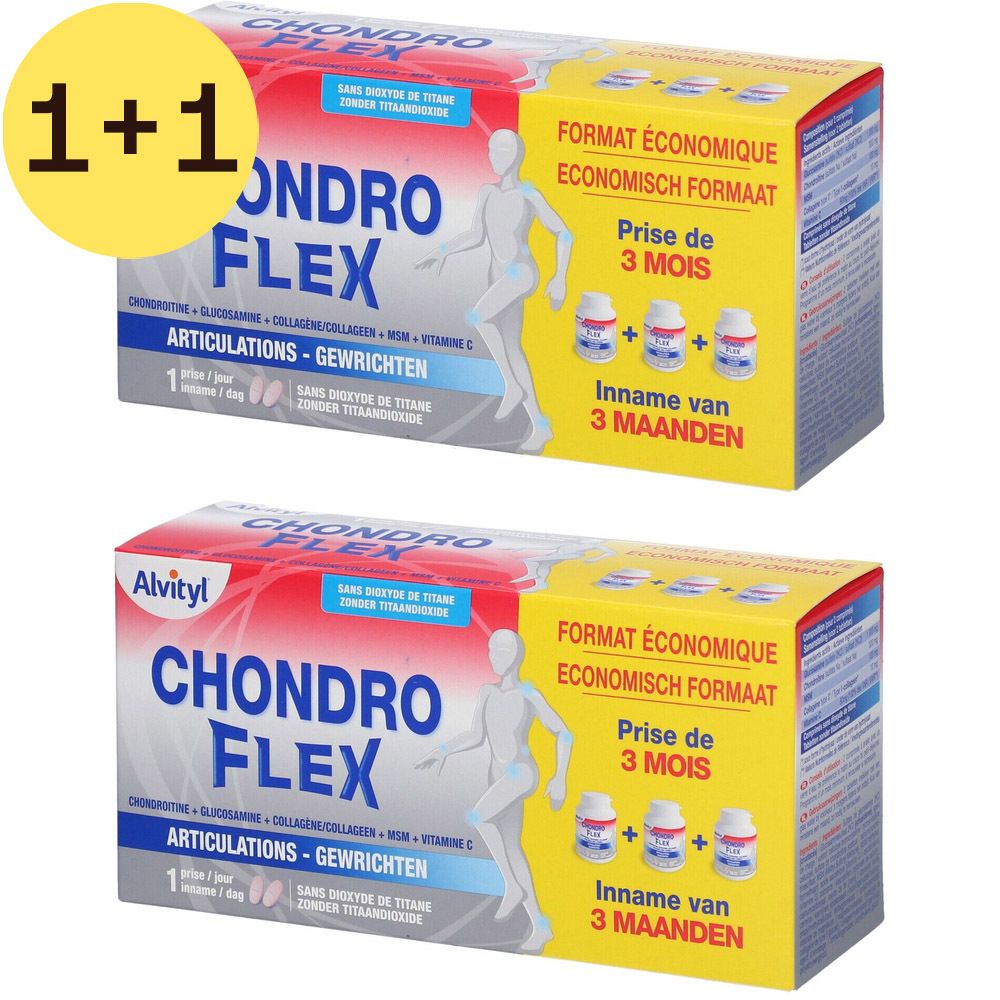 Twee dozen Alvityl Chondroflex met 1+1. Opschrift: Chondroflex, Articulations, 1 tablet/dag. Economisch formaat.