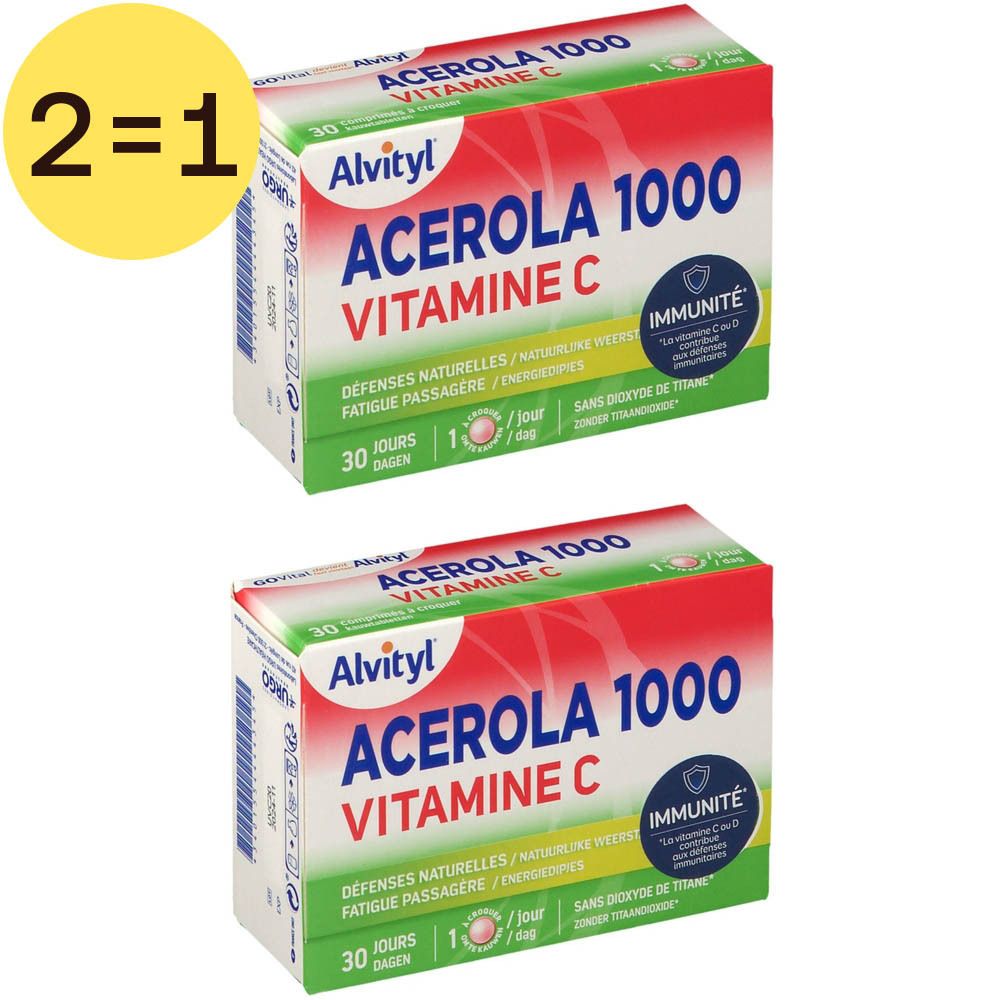 Deux boîtes d'Alvityl Acérola 1000 Vitamine C. Emballage rouge et blanc avec nom et logo du produit. Offre 2=1.