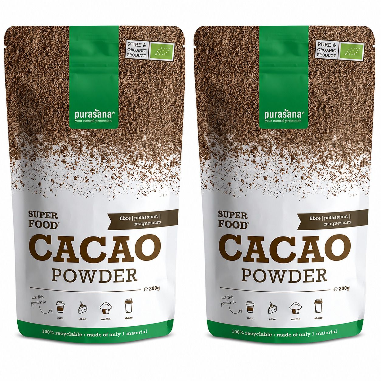 Deux sachets de purasana® Cacao Powder. Emballage blanc avec poudre brune, bande verte et logo. Texte: Superfood, Cacao Powder, label bio.