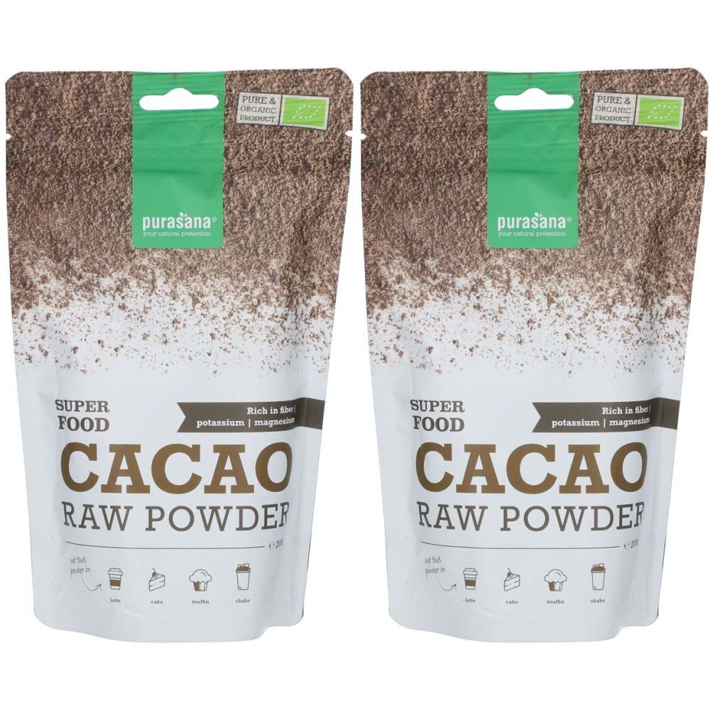 Twee zakjes Purasana Cacao Raw Powder. Bovenkant groen, met gat. Opschrift: Super Food, Cacao, Raw Powder. Bio-keurmerk.