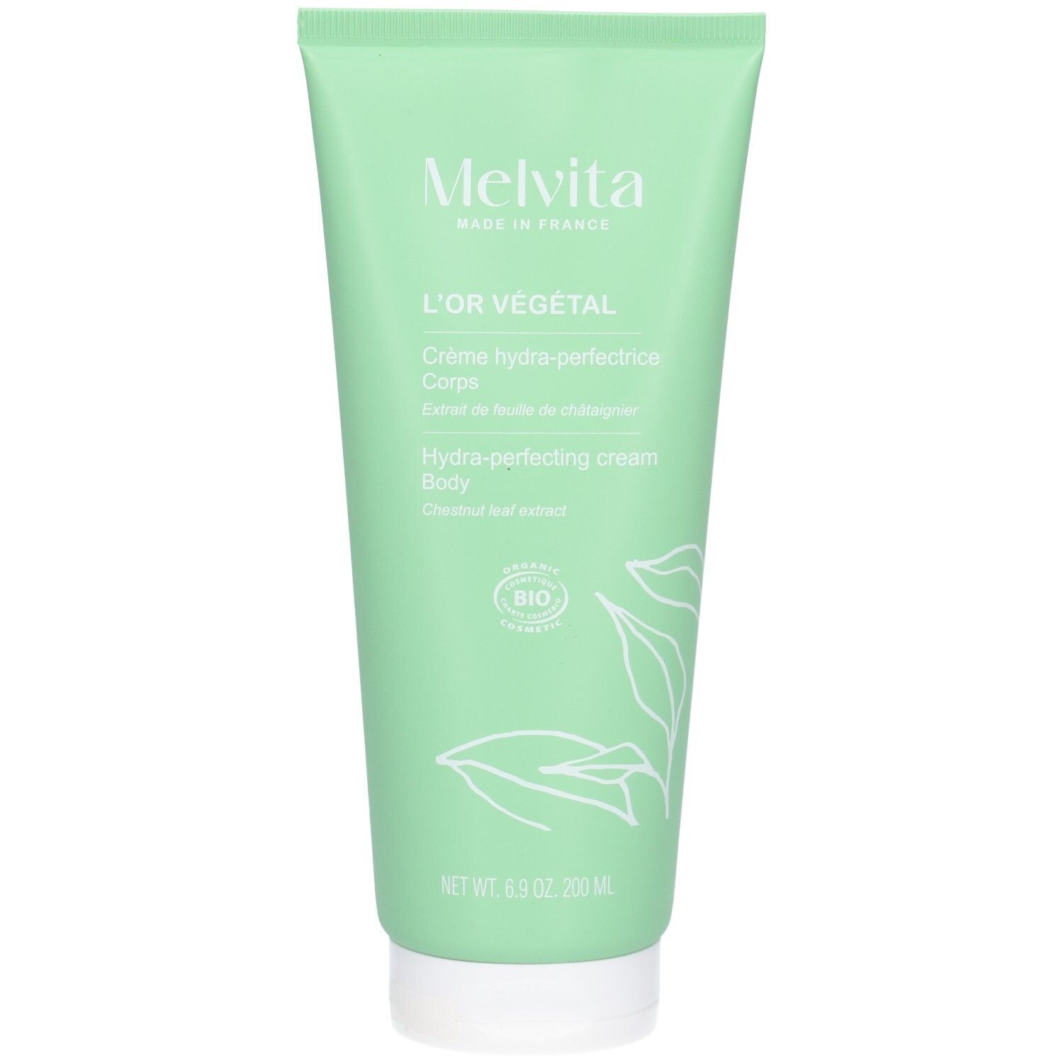 Groene tube met witte tekst. Merk "Melvita". "L'OR VÉGÉTAL" bovenaan. Tekst in Frans en Engels. Bio-keurmerk.