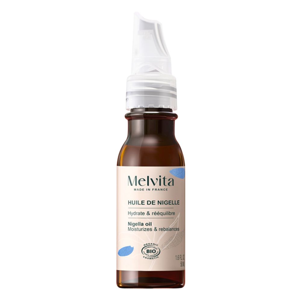 Flacon d'huile de Nigelle Melvita avec applicateur. Sceau Bio et mention Made in France.