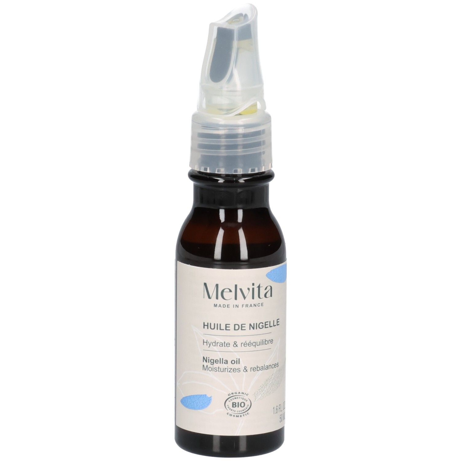 Melvita Nigelle olie fles met applicator. Bio-zegel en Made in France opschrift.