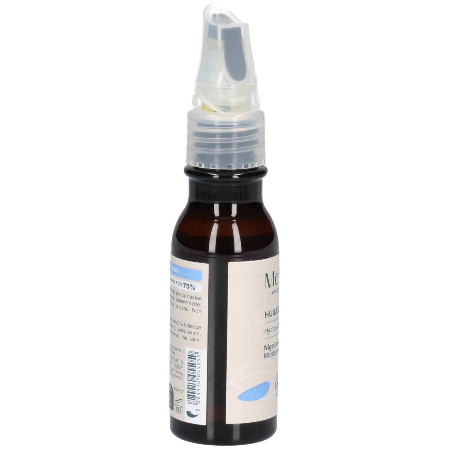 Melvita Nigelle olie fles, zijaanzicht. Bevat Bio-zegel en huidverzorgingsinformatie.