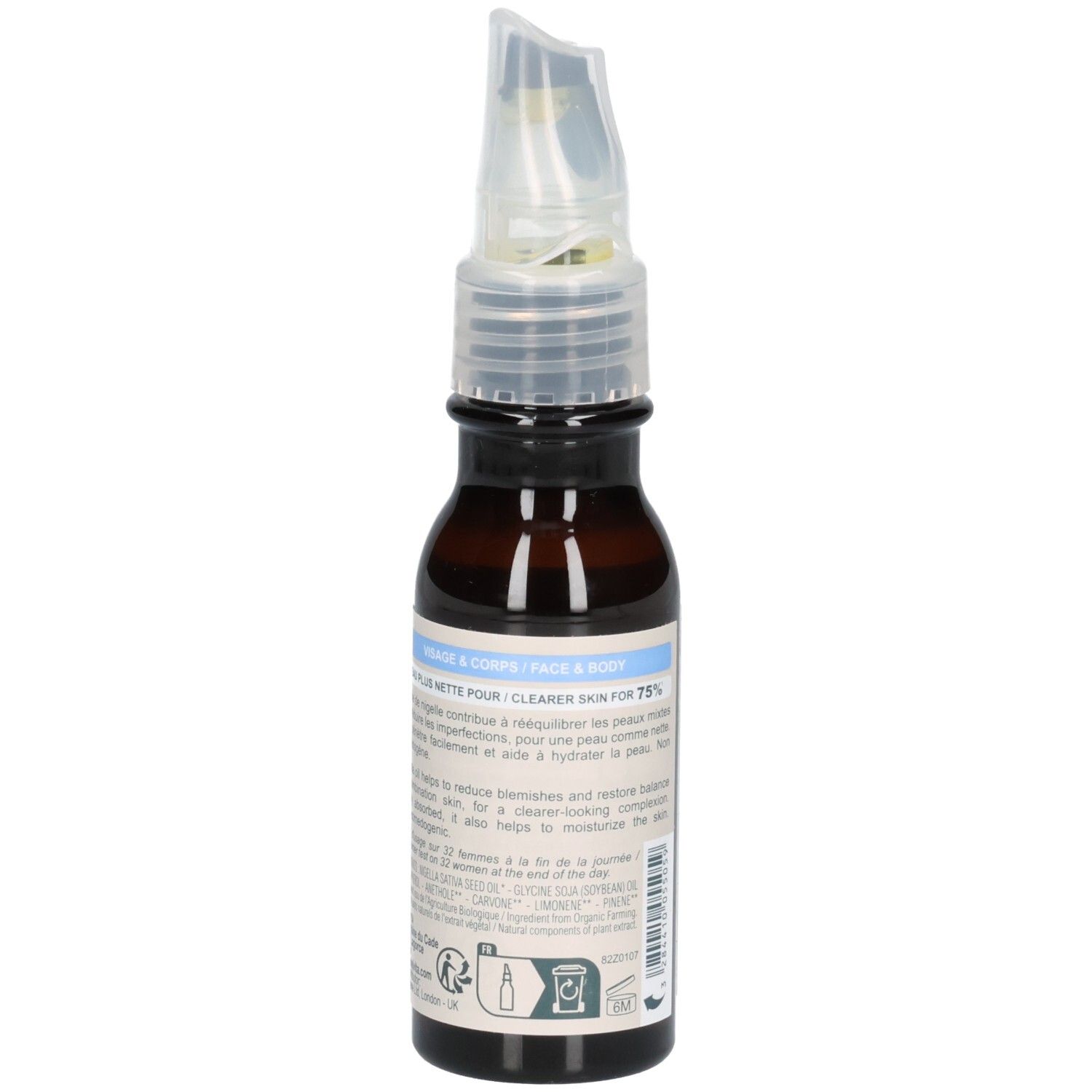 Melvita Nigelle olie fles met applicator. Tekst in het Frans voor Gezicht & Lichaam.