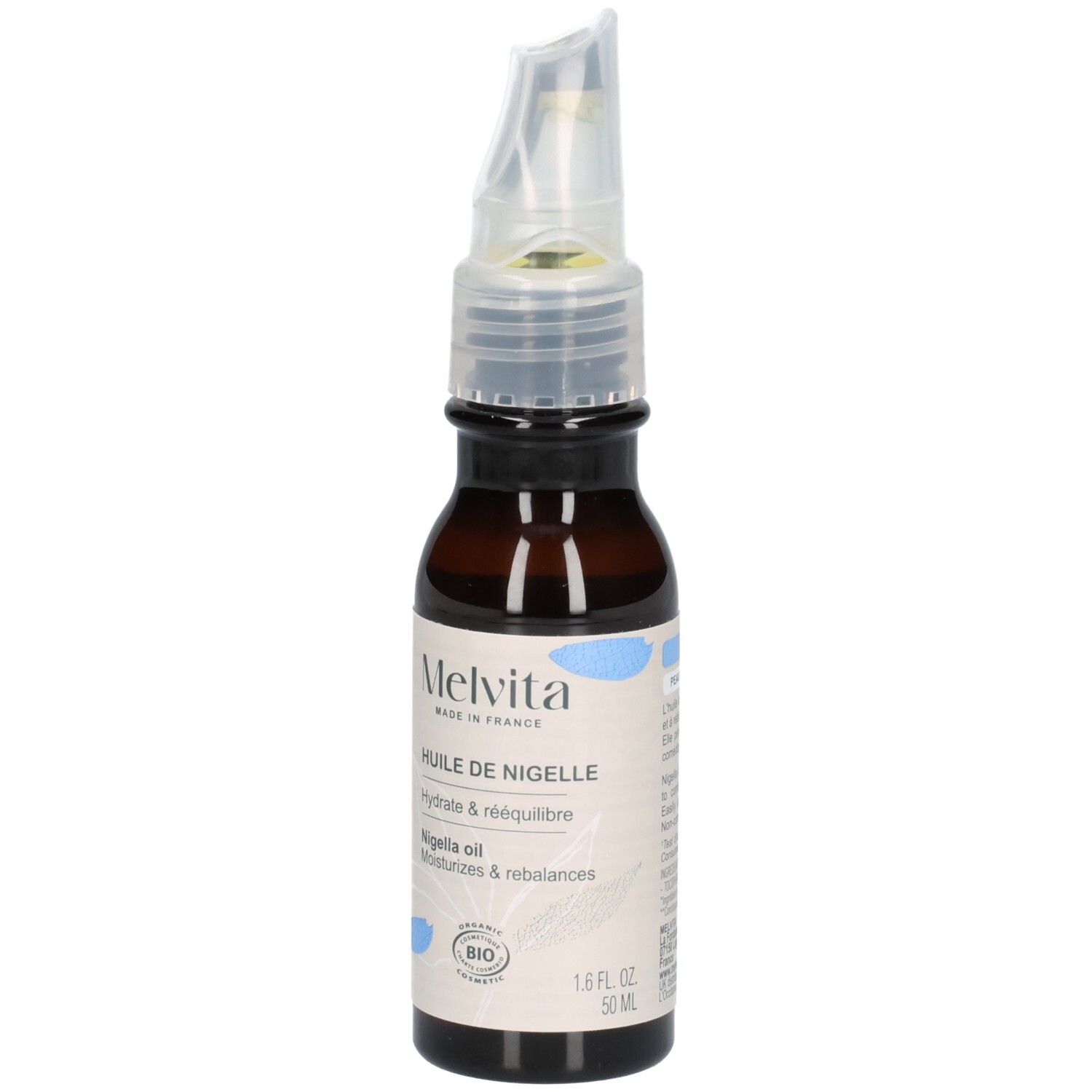 Melvita Nigelle olie fles met applicator. Etiket met Bio-zegel en 50 ml aanduiding.