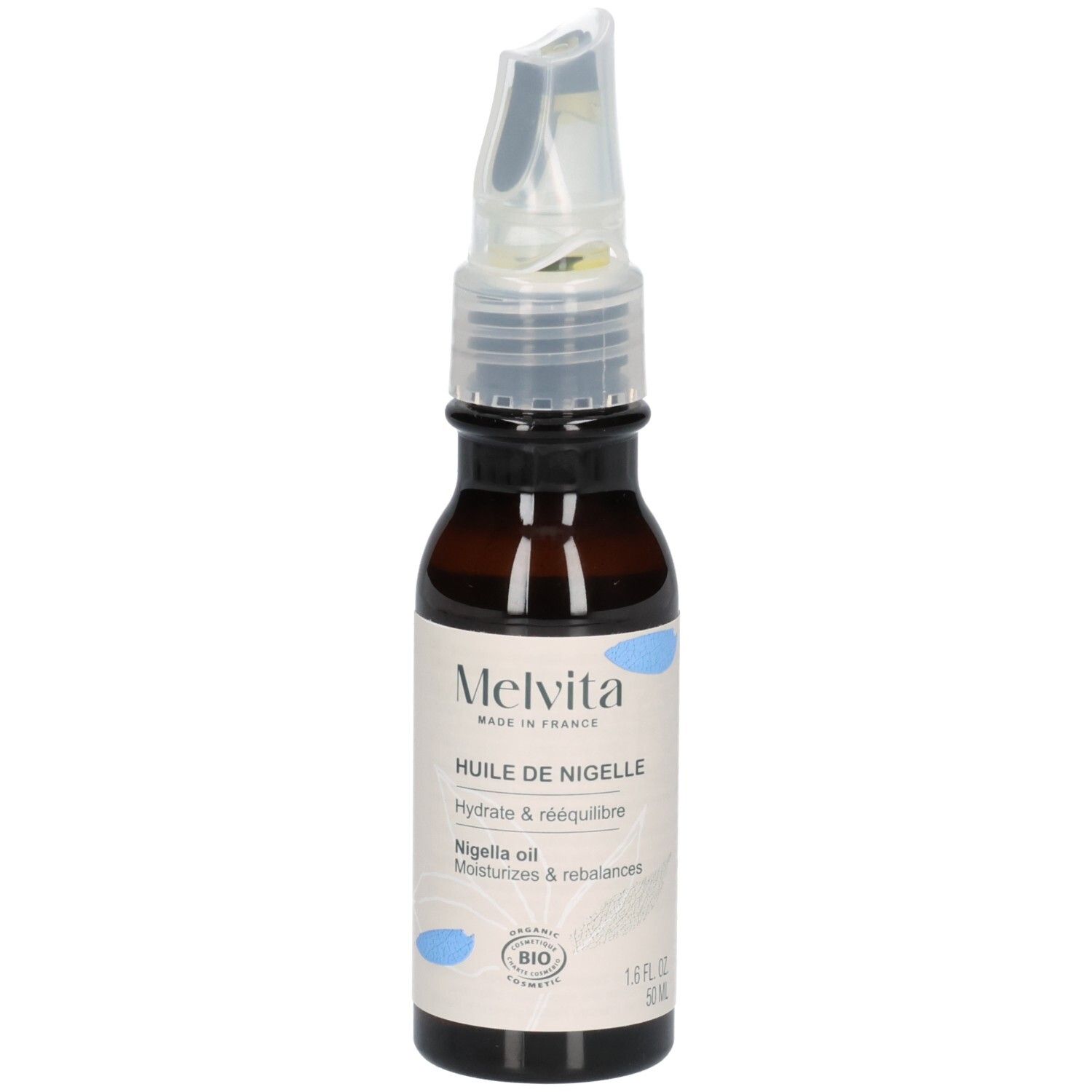 Melvita Nigelle olie fles met applicator. Bio-zegel en Made in France opschrift.