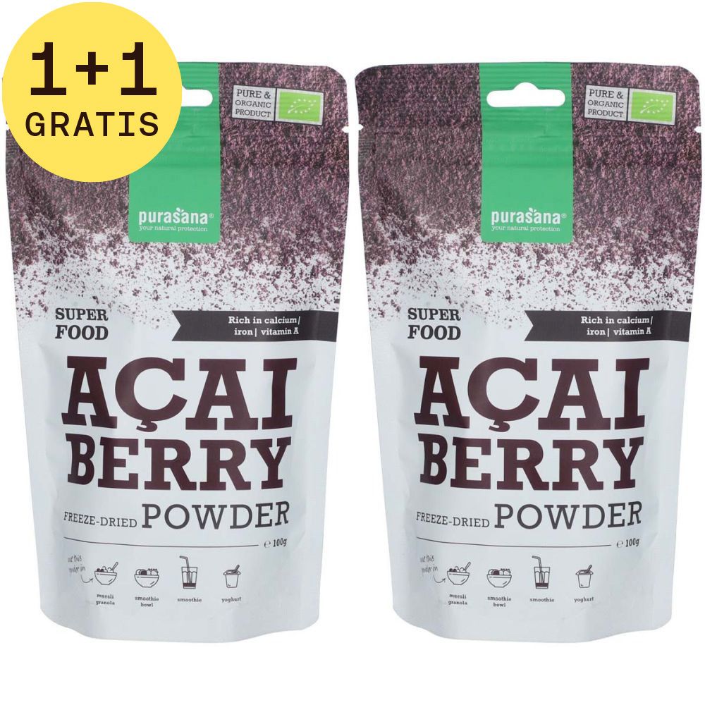 Twee zakjes açai bessenpoeder. Opschrift: Purasana, Superfood, 1+1 GRATUIT. Bio-label.