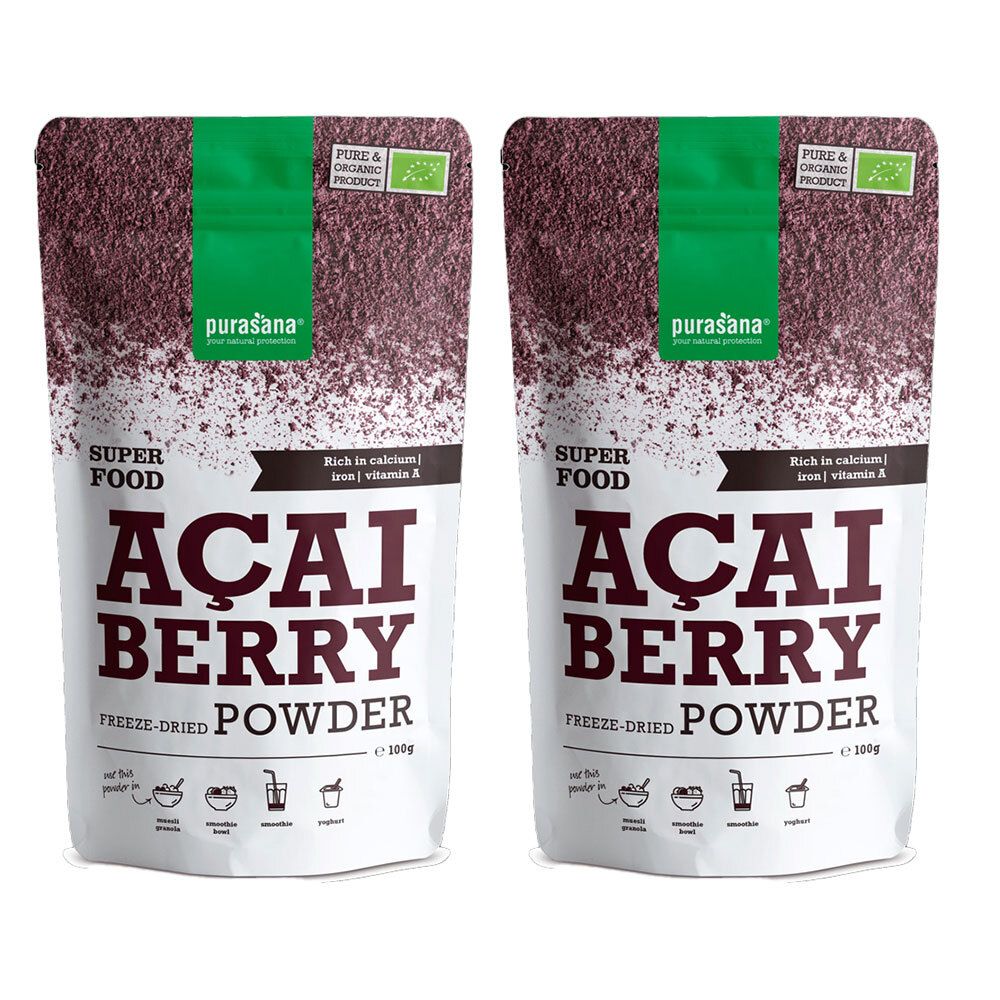 Twee zakken purasana® ACAIBERRY poeder. Opschrift: Superfood, Acai Berry, gevriesdroogd poeder. Bio-label.