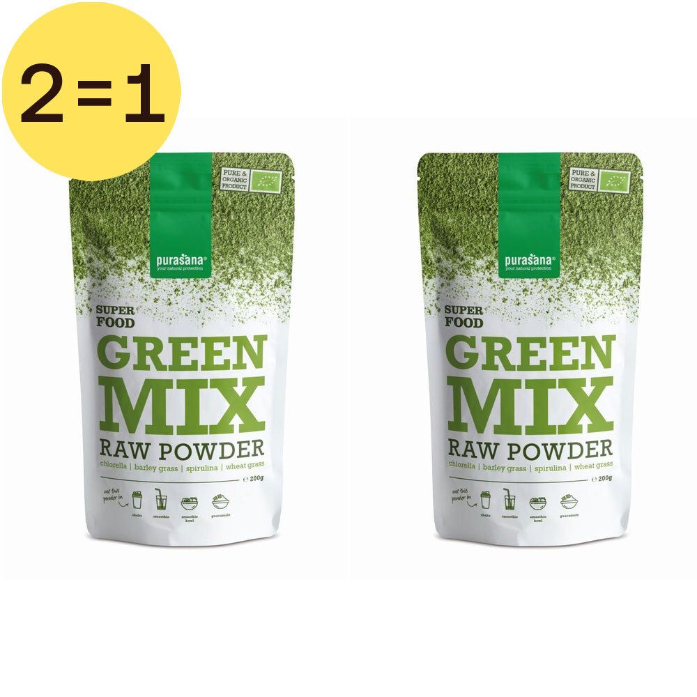 Twee zakken Green Mix Raw Powder. Gele cirkel met 2=1. Merk Purasana.