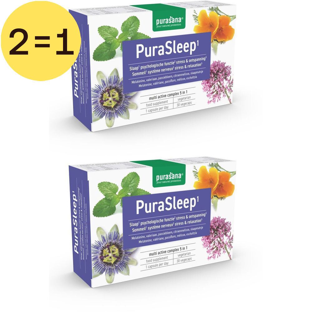 Deux boîtes de Purasana PuraSleep. Inscription: Sommeil, fonction psychologique, stress et relaxation. Offre 2=1.