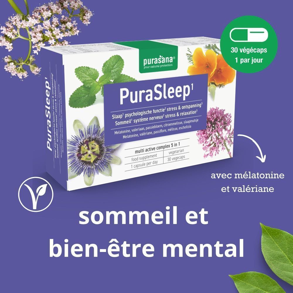 Boîte Purasana PuraSleep avec herbes, fleurs et texte 'Sommeil et bien-être mental'.