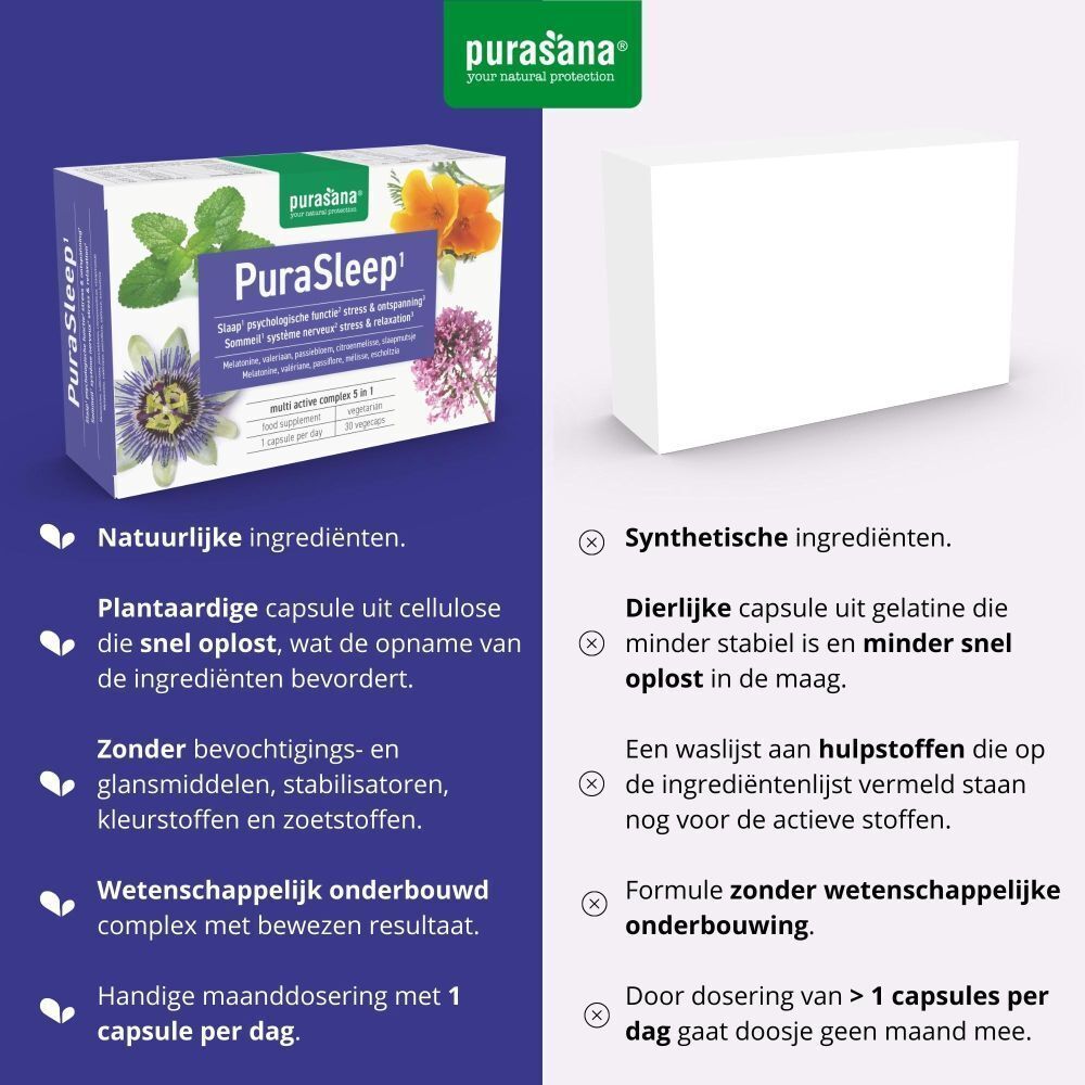 Vergelijking van Purasana PuraSleep met natuurlijke en synthetische ingrediënten.