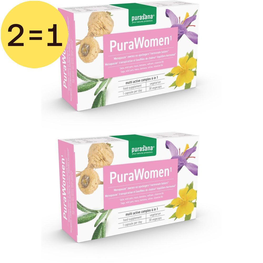 Deux boîtes PuraWomen, emballage blanc et rose. Inscription PuraWomen, offre 2=1. Fleurs et herbes vert-jaune.