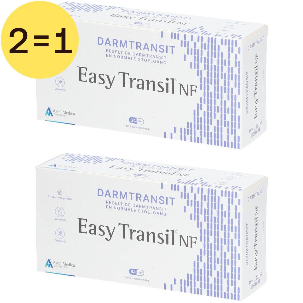 Twee verpakkingen Easy Transil NF. Opschrift: Darmtransit, regelt de darmtransit, en normale stoelgang. 2=1-actie.
