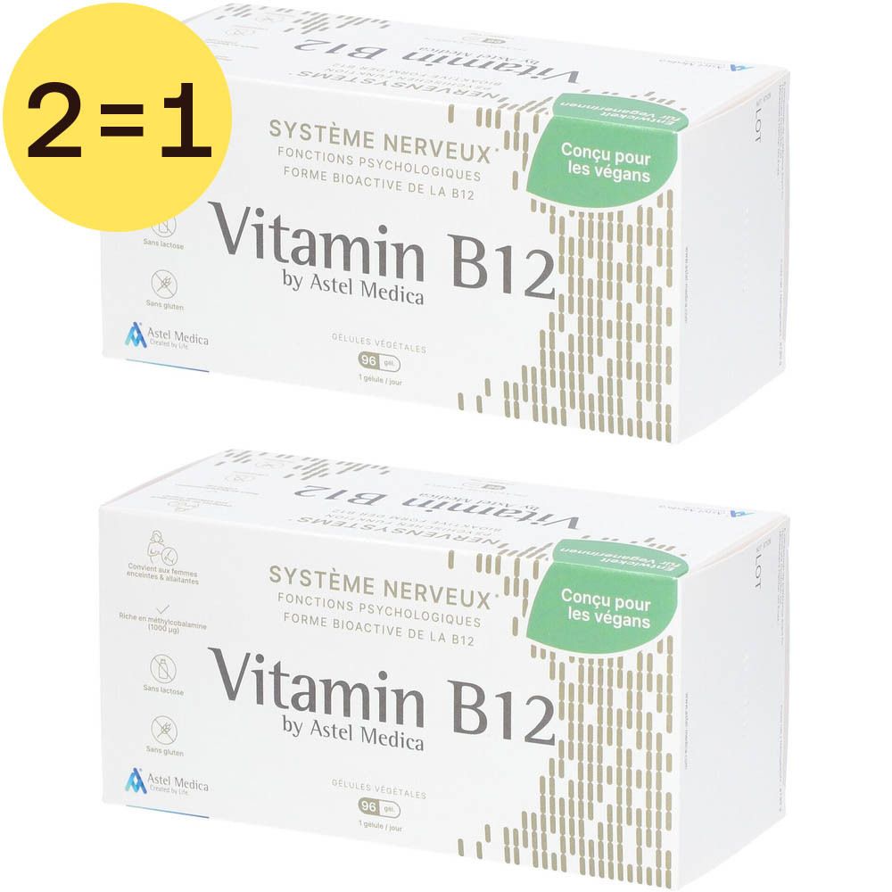 Deux boîtes blanches "Vitamin B12". Texte : "Système Nerveux" et "Conçu pour les végans". Cercle jaune "2=1".