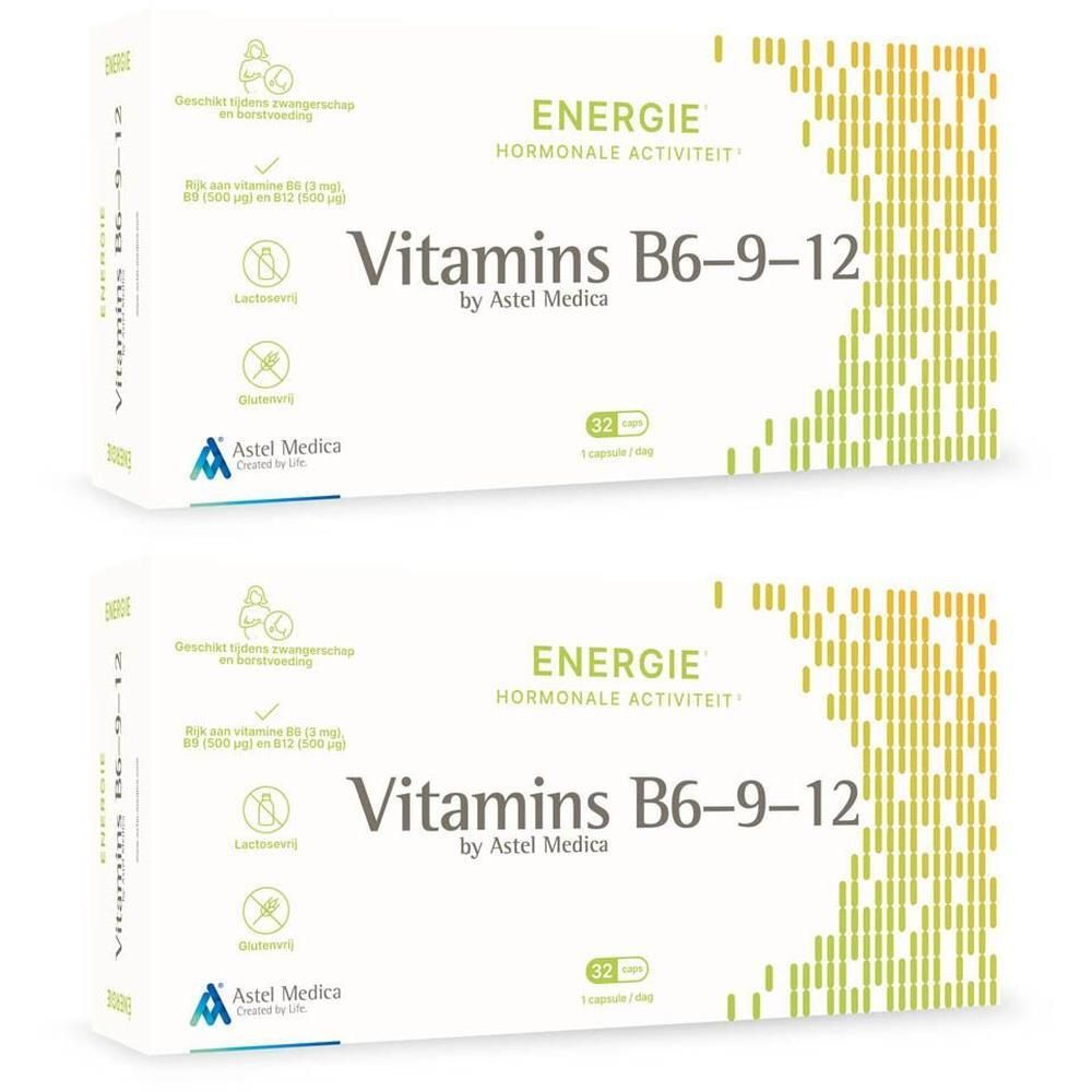 Twee verpakkingen "Vitamins B6-9-12" van Astel Medica. Verpakkingen tonen "ÉNERGIE HORMONALE ACTIVITEIT" en 32 capsules.