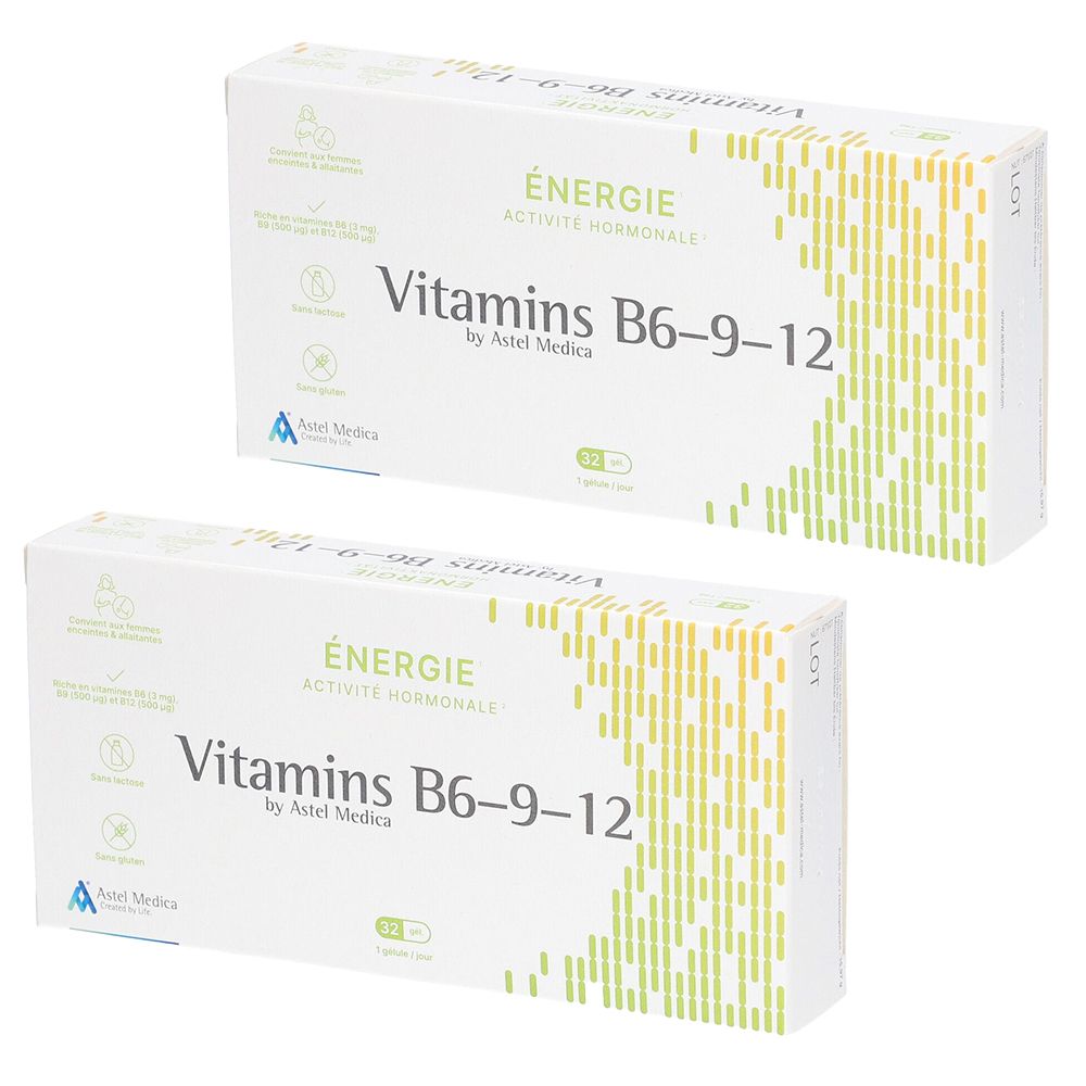 Deux boîtes de "Vitamins B6-9-12" par Astel Medica. Les boîtes indiquent "ÉNERGIE ACTIVITÉ HORMONALE" et 32 capsules.