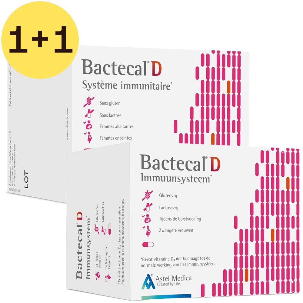 Twee witte dozen met Bactecal D. Opschrift: Système immunitaire, Immuunsysteem. Gele cirkel met 1+1.