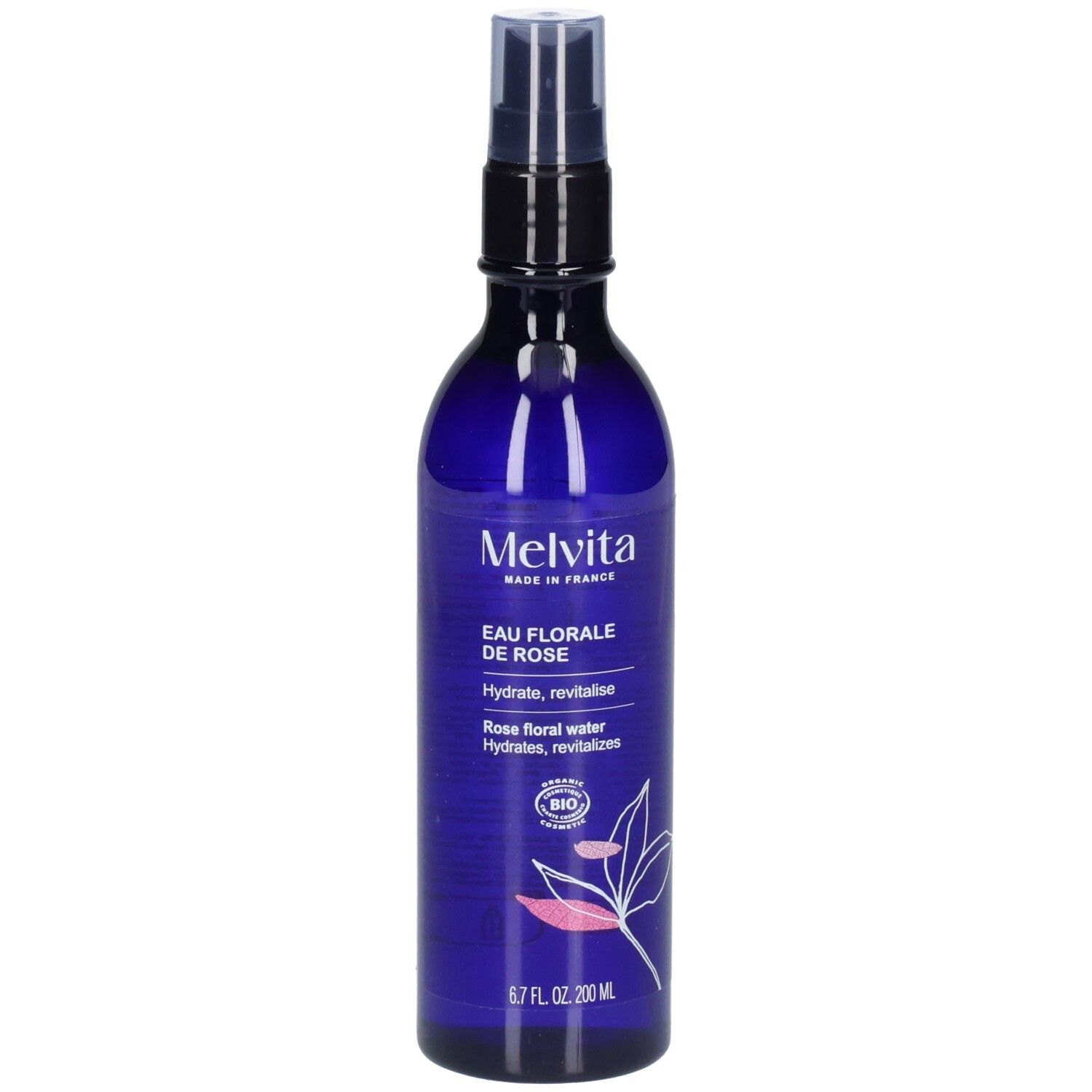 Melvita Eau Florale de Rose, flacon spray bleu avec étiquette.