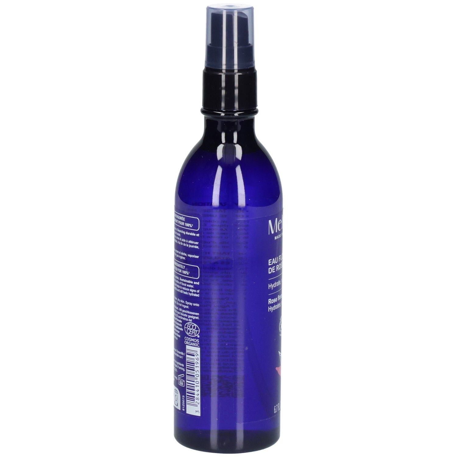 Melvita Eau Florale de Rose, arrière du flacon spray bleu avec étiquette.