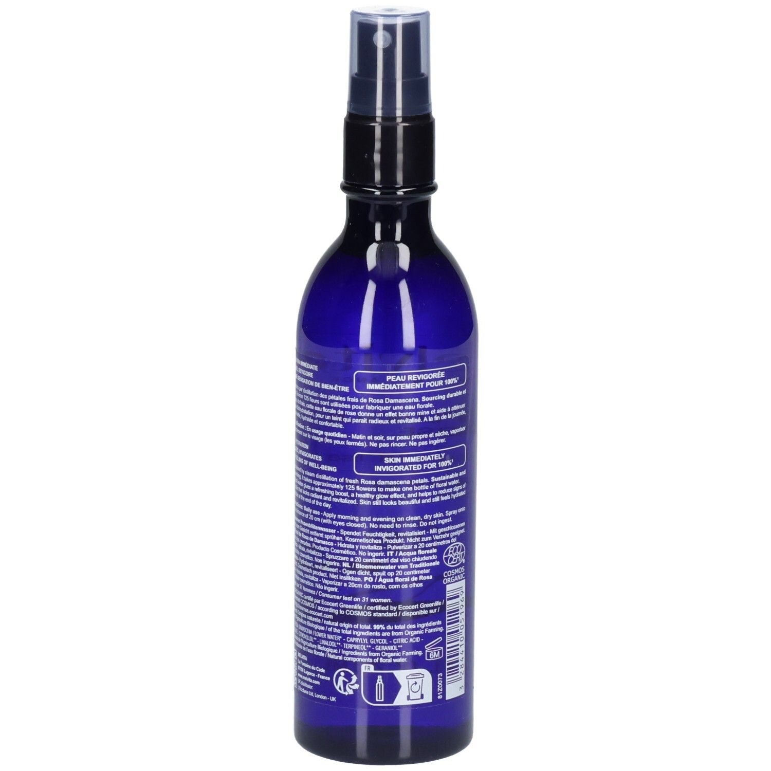 Melvita Eau Florale de Rose, arrière du flacon spray bleu avec étiquette et label Bio.