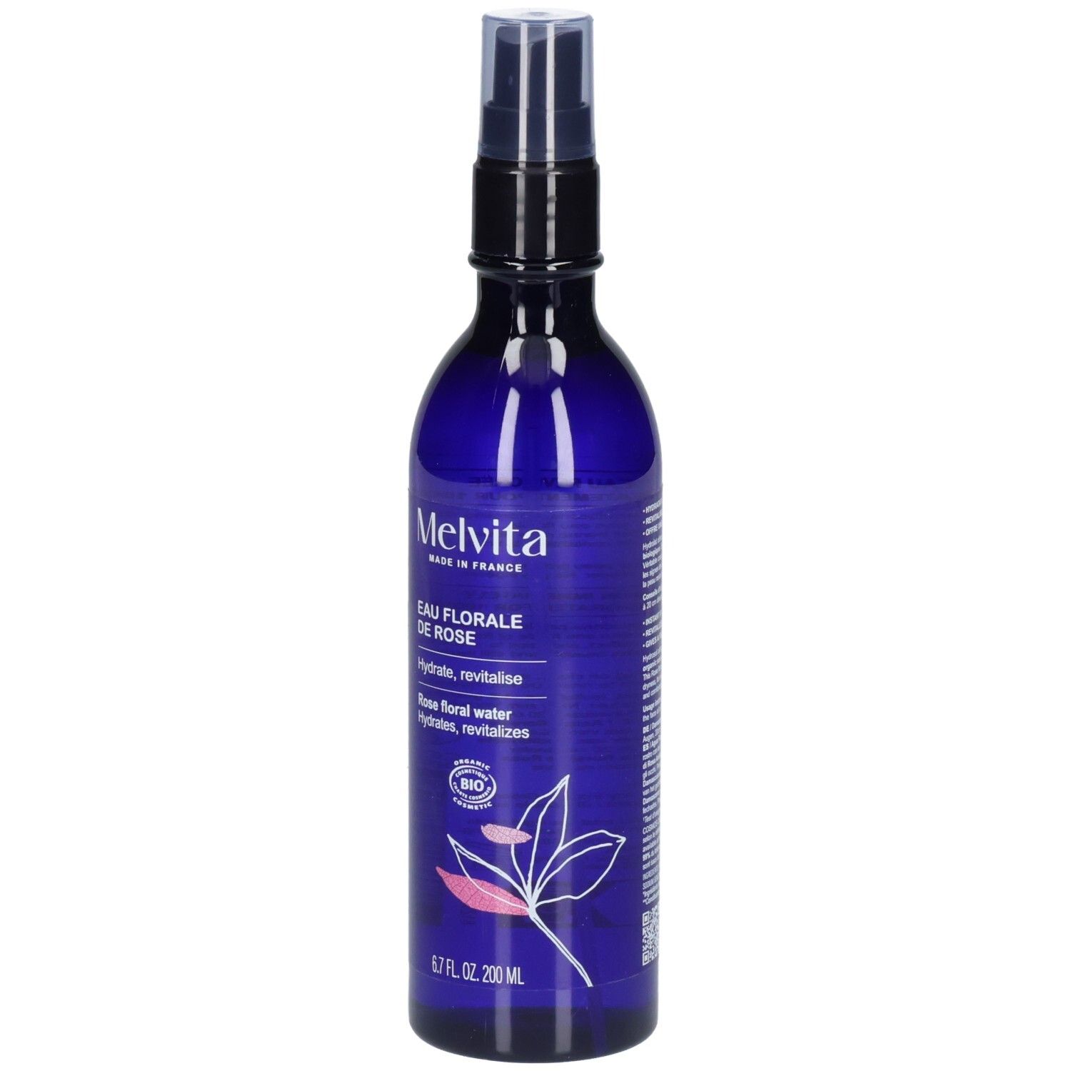 Melvita Eau Florale de Rose, flacon spray bleu avec étiquette, vue de face.