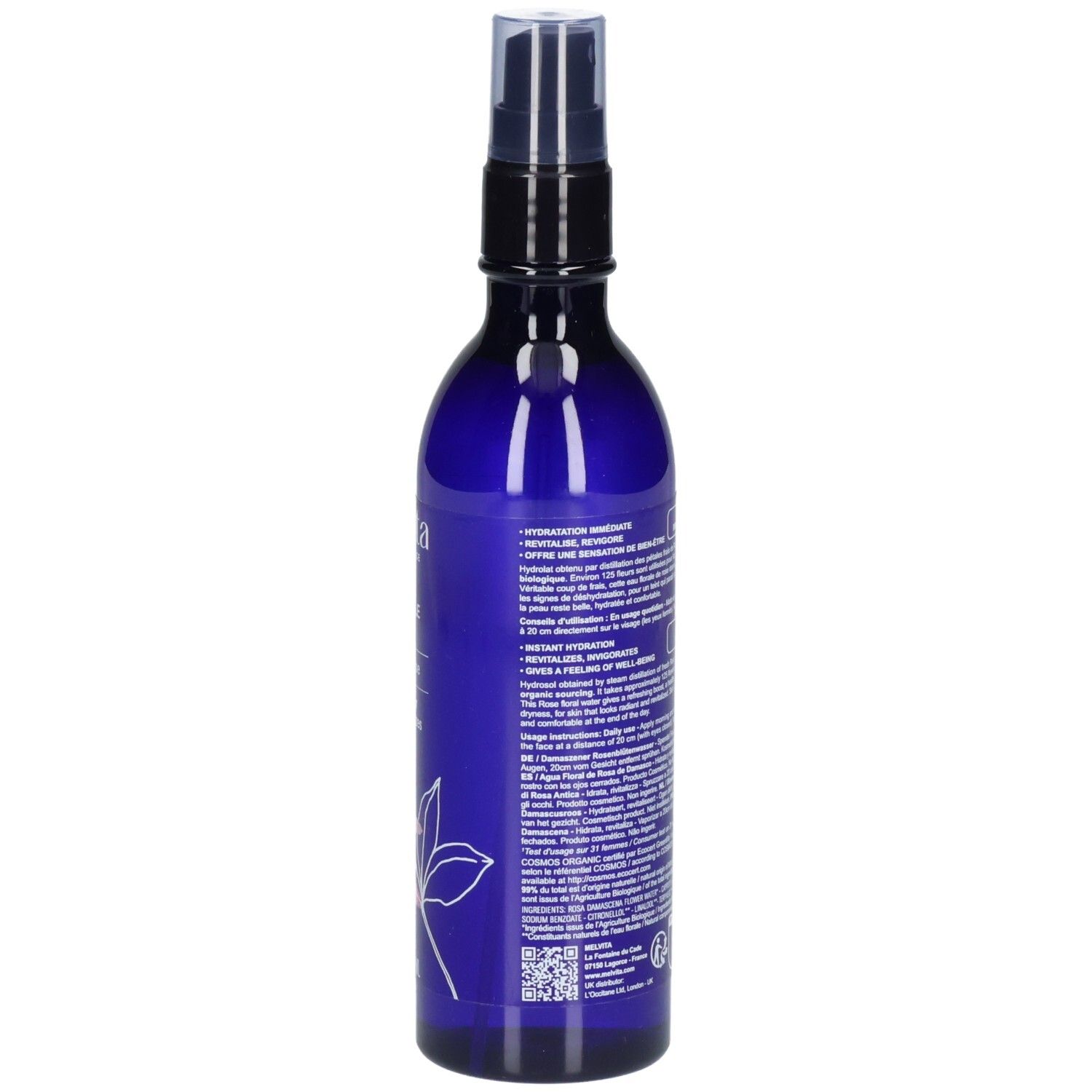 Melvita Eau Florale de Rose, côté du flacon spray bleu avec étiquette et label Bio.