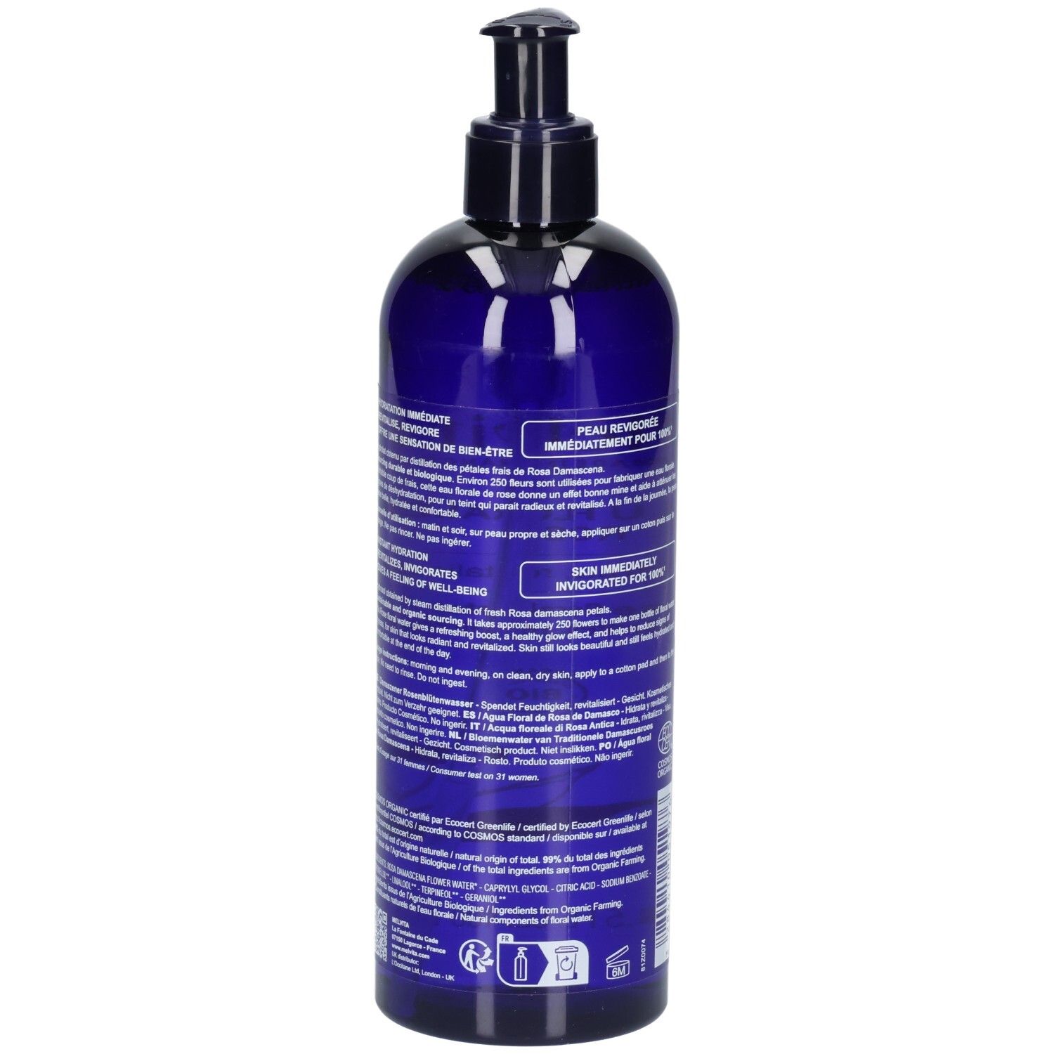 Arrière Melvita Eau Florale de Rose, 400 ml, avec instructions d'utilisation.