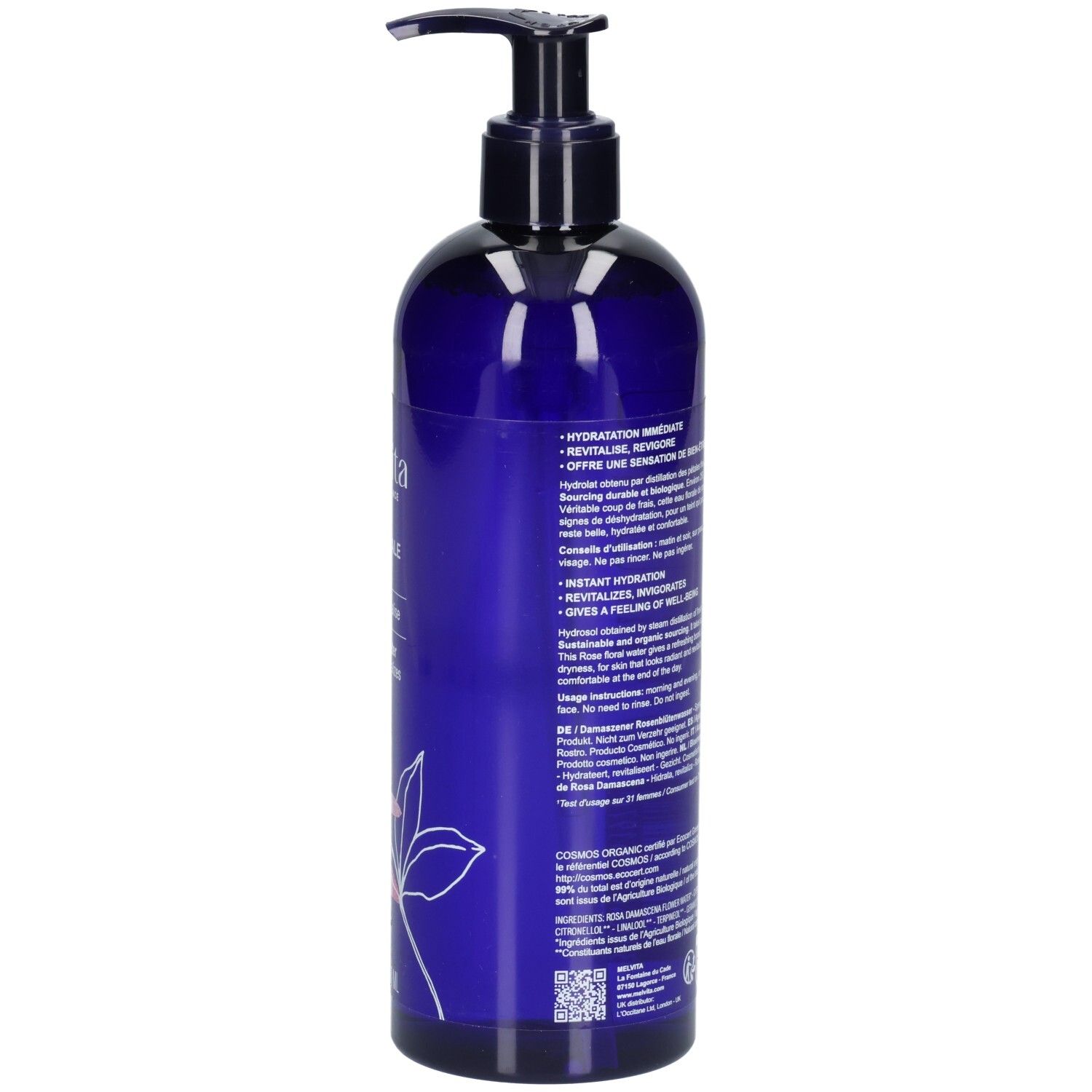 Arrière Melvita Eau Florale de Rose, 400 ml, avec label Bio et instructions.