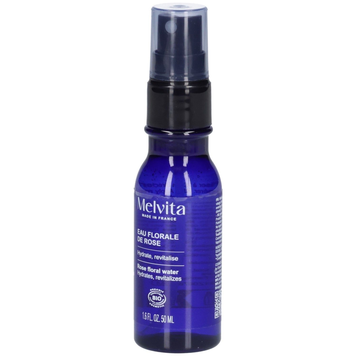 Melvita Eau Florale de Rose 50 ml flacon pompe spray, flacon en verre bleu avec étiquette.