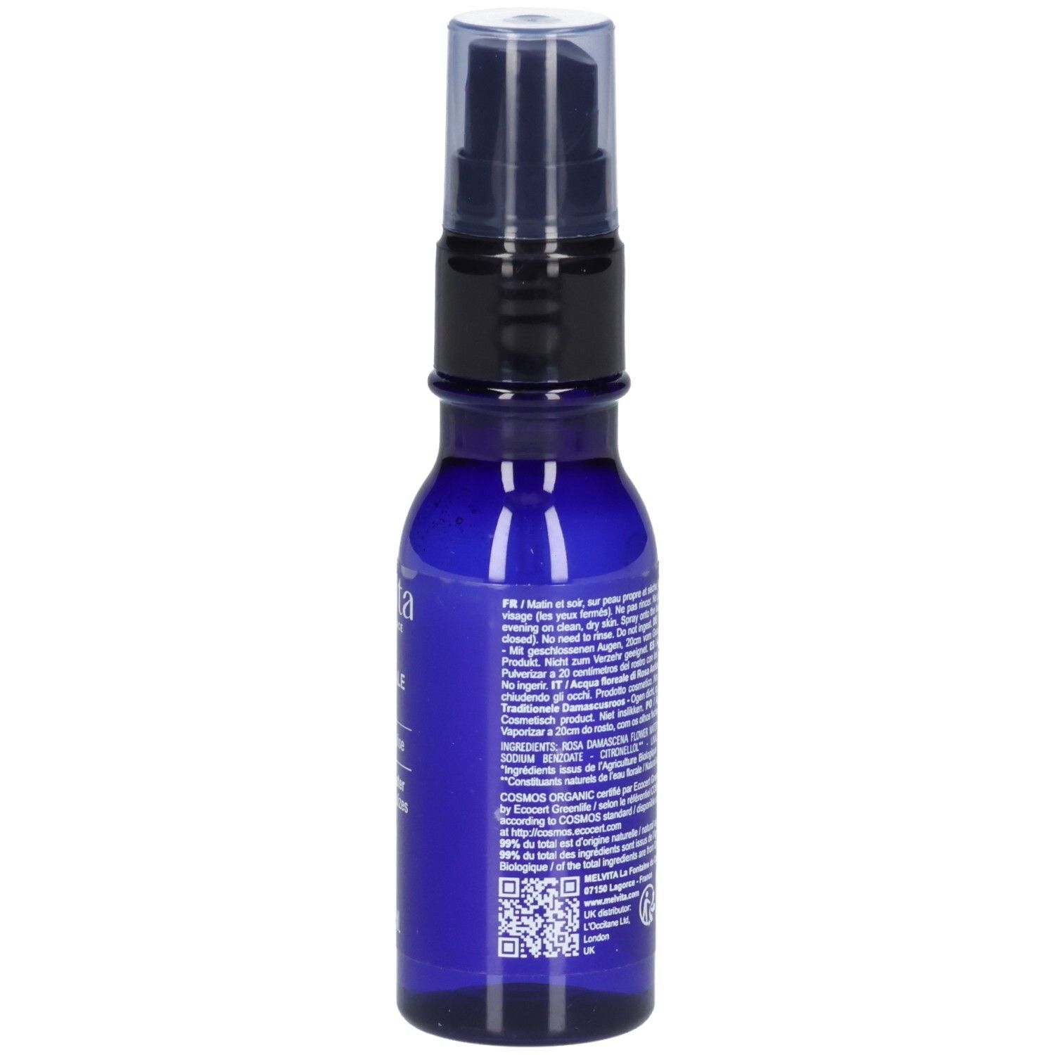 Melvita Eau Florale de Rose 50 ml flacon pompe spray, dos avec ingrédients et label Bio.