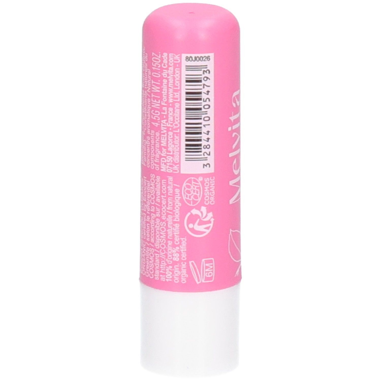 Hydraterende lippenbalsem Melvita Rose Pulp, roze. Bio-keurmerk.