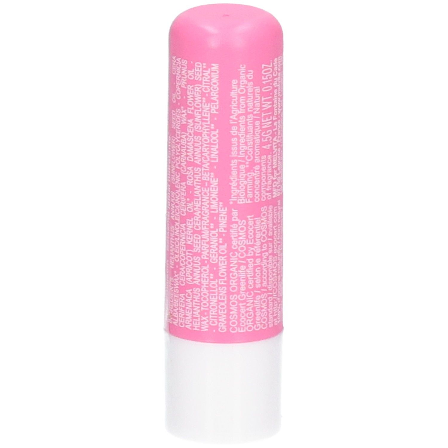Hydraterende lippenbalsem Melvita Rose Pulp, roze. Ingrediëntenlijst.